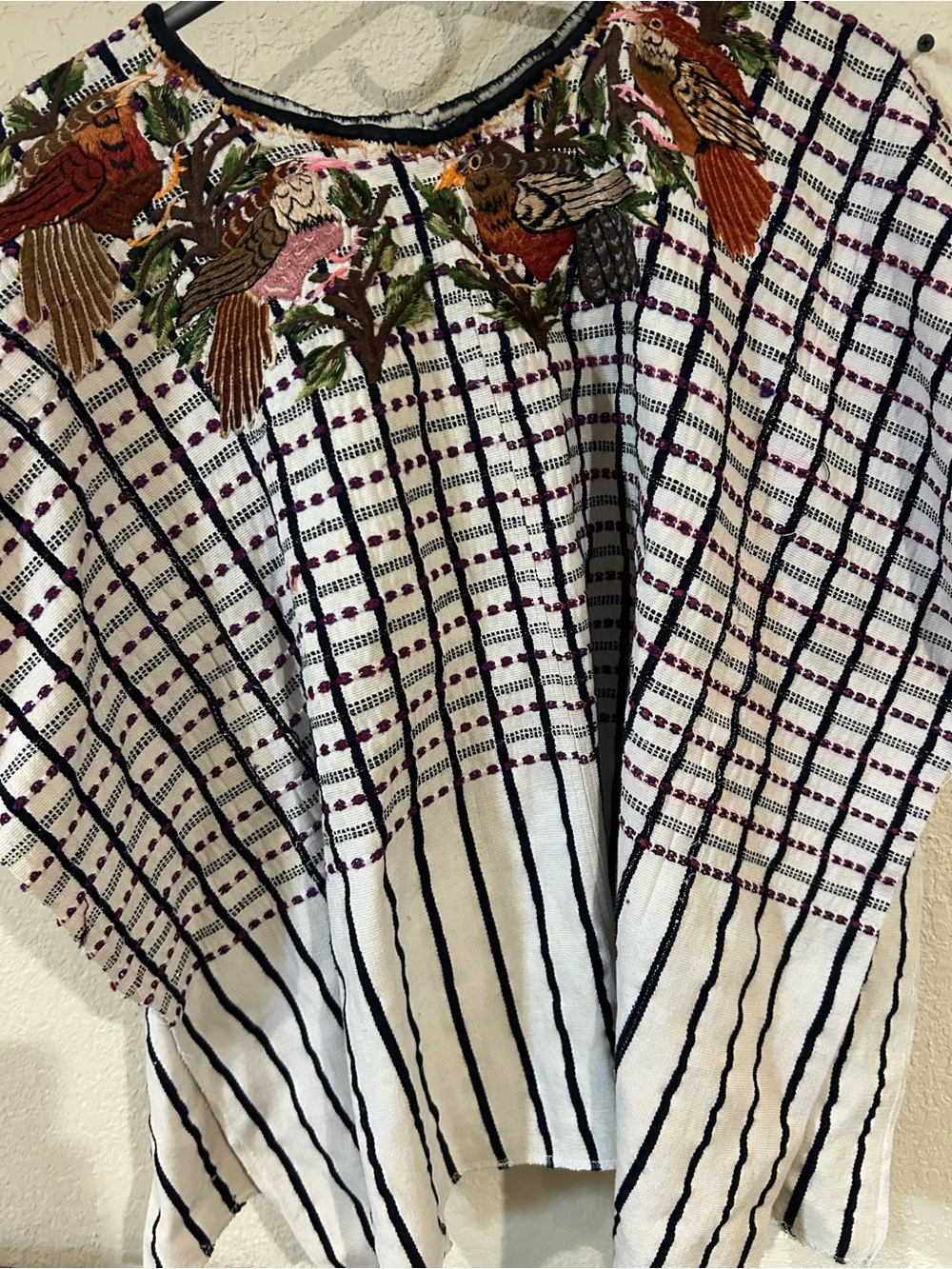 Embroidered White & Black Striped Men’s Shirt with Multicolor Bird Accent - Picture 2 of 3